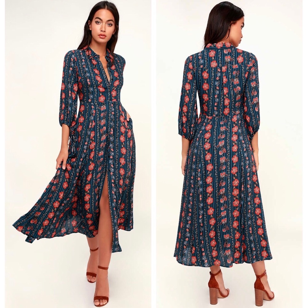 Lulus Because You Loved Me Floral Stripes Blue Orange Maxi Shirt Dress S NWT